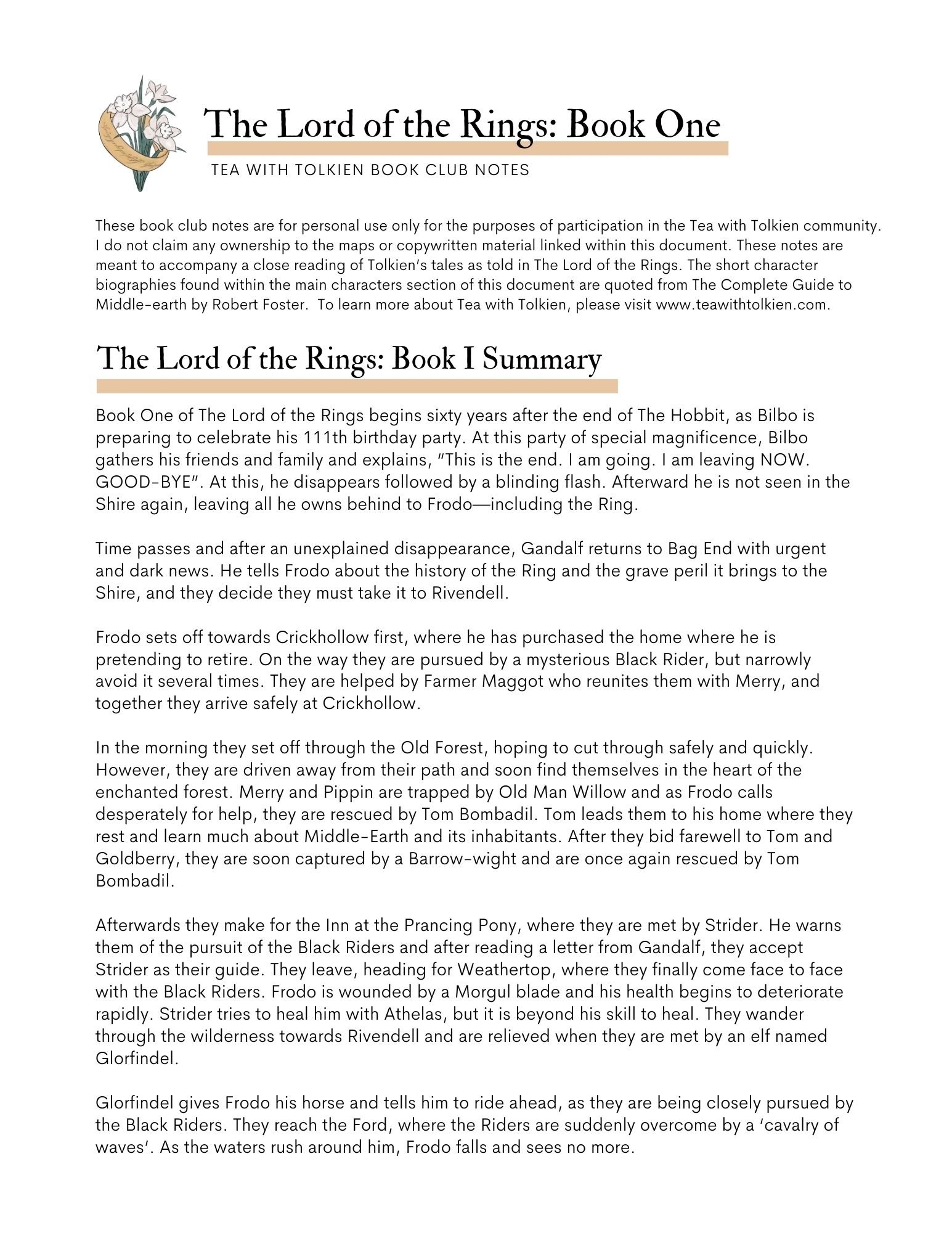 The Lord Of The Rings Book Club Book One Printable Notes Tea With Tolkien