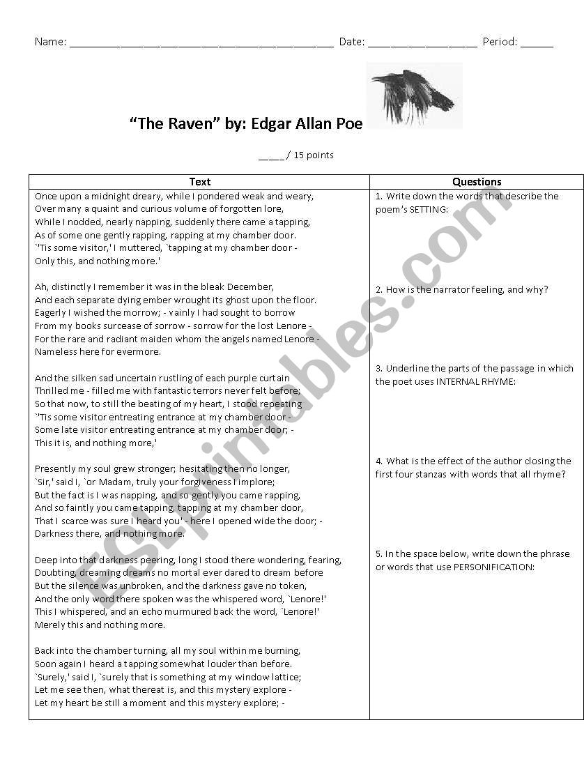 The Raven Vocabulary List And Sentence Use Worksheet TPT Worksheets Library The Raven Vocabulary List And Sentence Use Worksheet TPT Worksheets Library