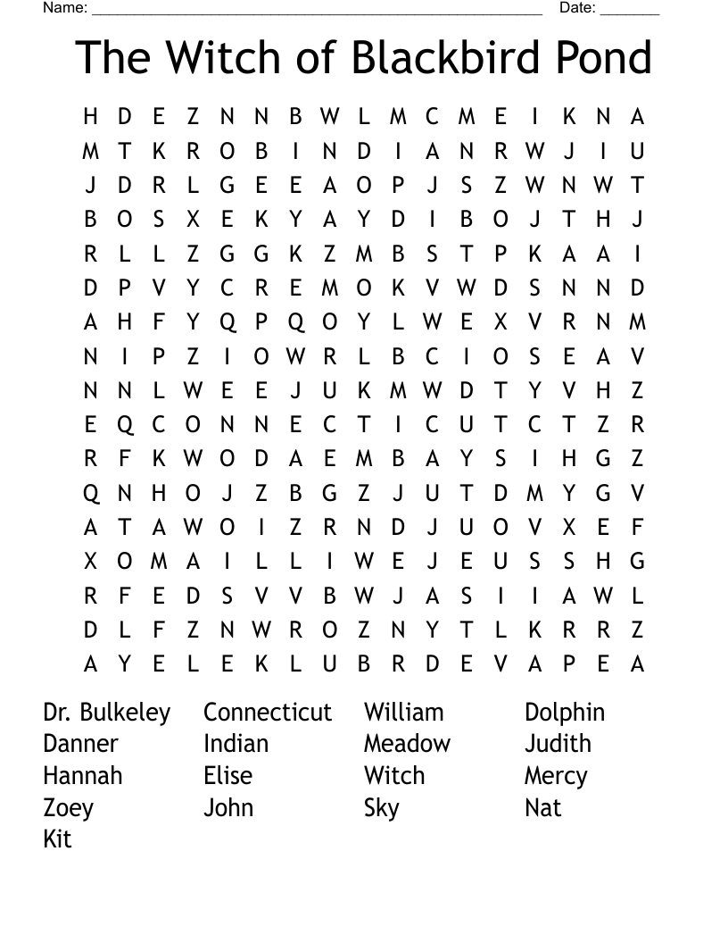 The Witch Of Blackbird Pond Word Search WordMint The Witch Of Blackbird Pond Word Search WordMint