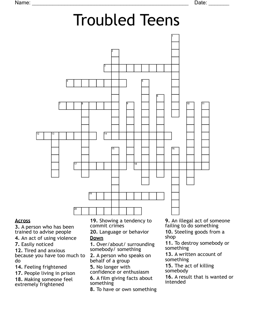 Troubled Teens Crossword WordMint