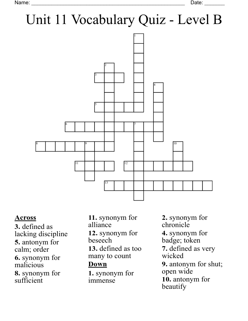 Unit 11 Vocabulary Quiz Level B Crossword WordMint Unit 11 Vocabulary Quiz Level B Crossword WordMint