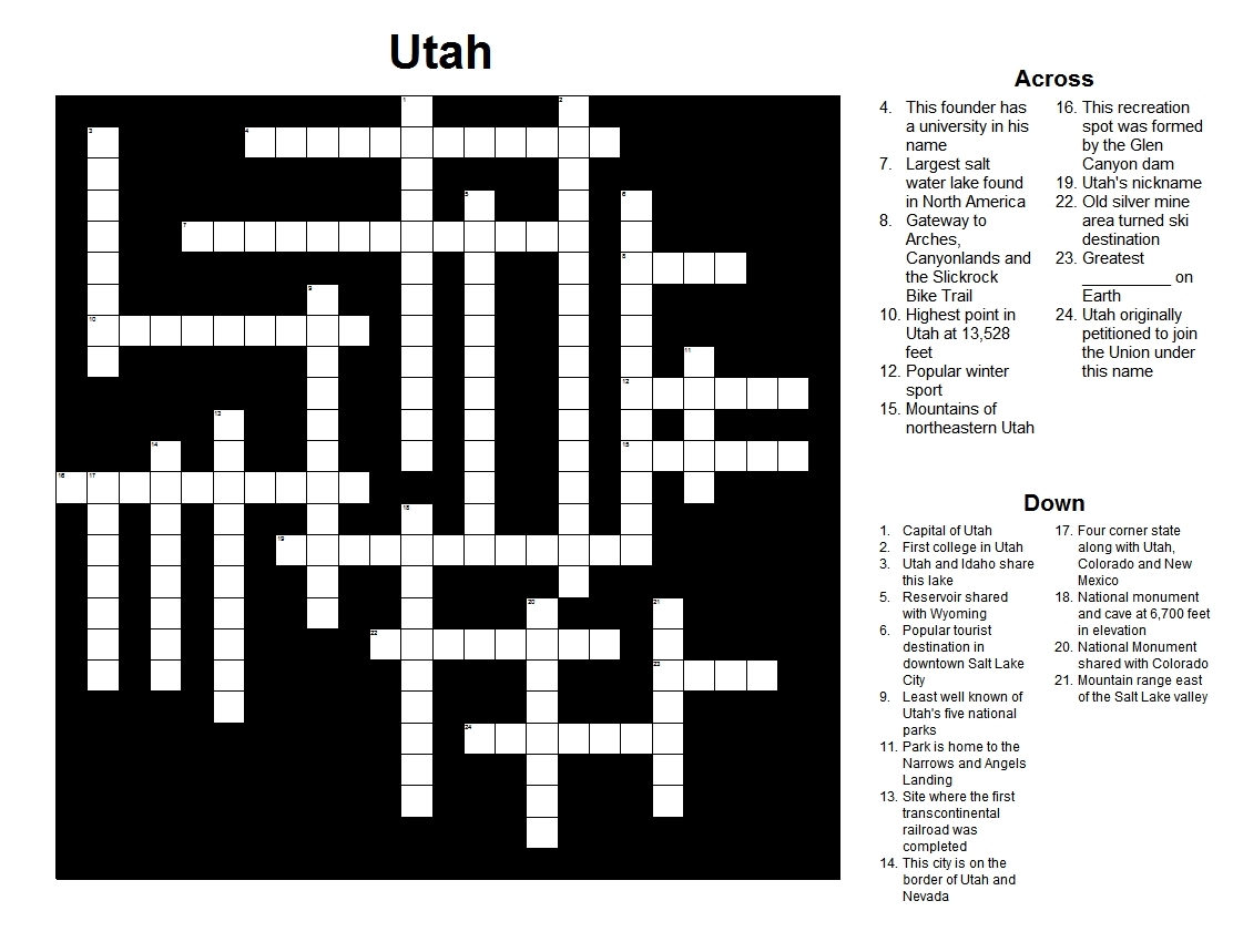 Utah Crossword Puzzle Utah Crossword Puzzle
