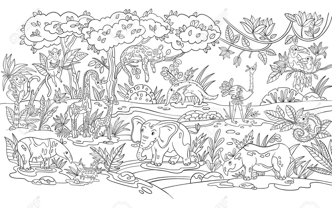 Vector Coloring Page For Kids With Tropical Animals Birds And Trees African Fauna And Flora In Cartoon Doodle Style Jungle Coloring Book For Educational Games Materials Nursery Posters And Prints Royalty Free Vector Coloring Page For Kids With Tropical Animals Birds And Trees African Fauna And Flora In Cartoon Doodle Style Jungle Coloring Book For Educational Games Materials Nursery Posters And Prints Royalty Free