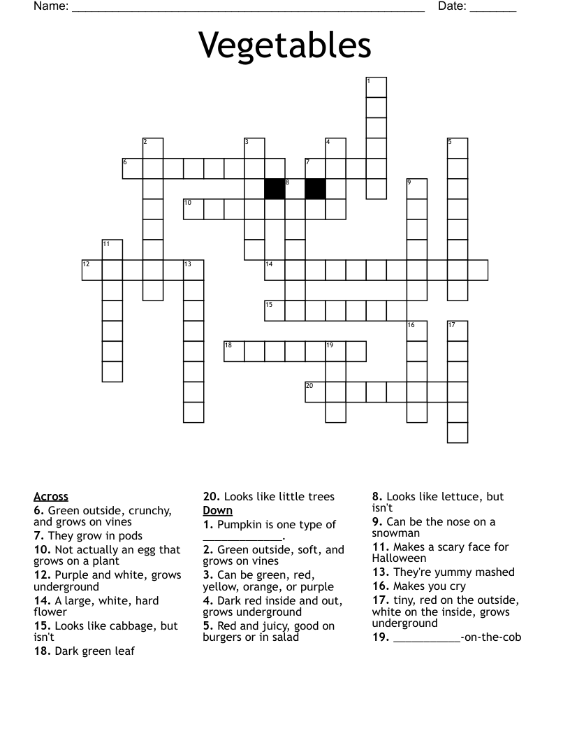 Vegetables Crossword WordMint Vegetables Crossword WordMint
