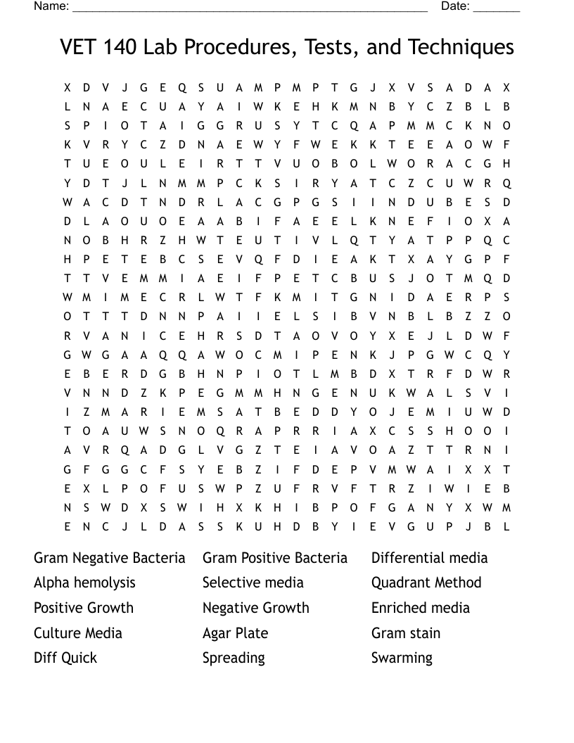 VET 140 Lab Procedures Tests And Techniques Word Search WordMint