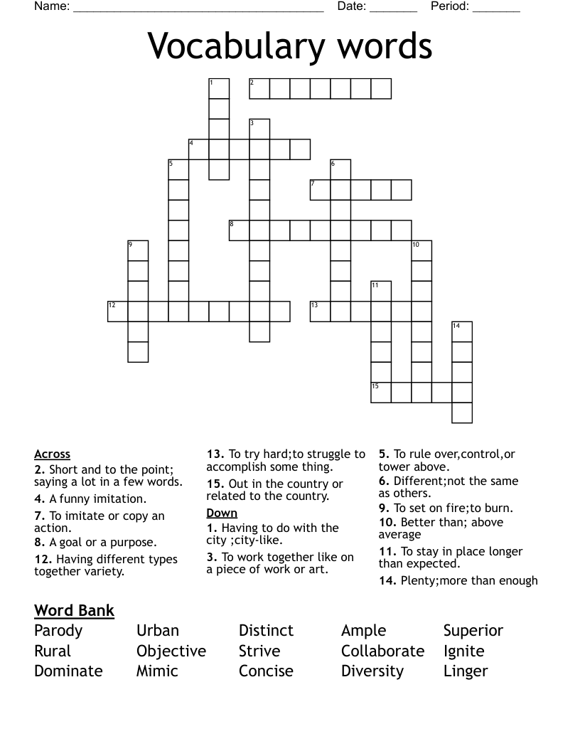 Vocabulary Words Crossword WordMint