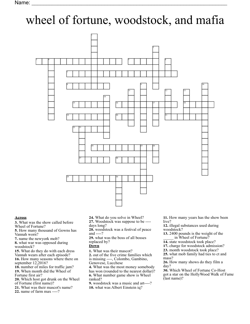 Wheel Of Fortune Woodstock And Mafia Crossword WordMint Wheel Of Fortune Woodstock And Mafia Crossword WordMint