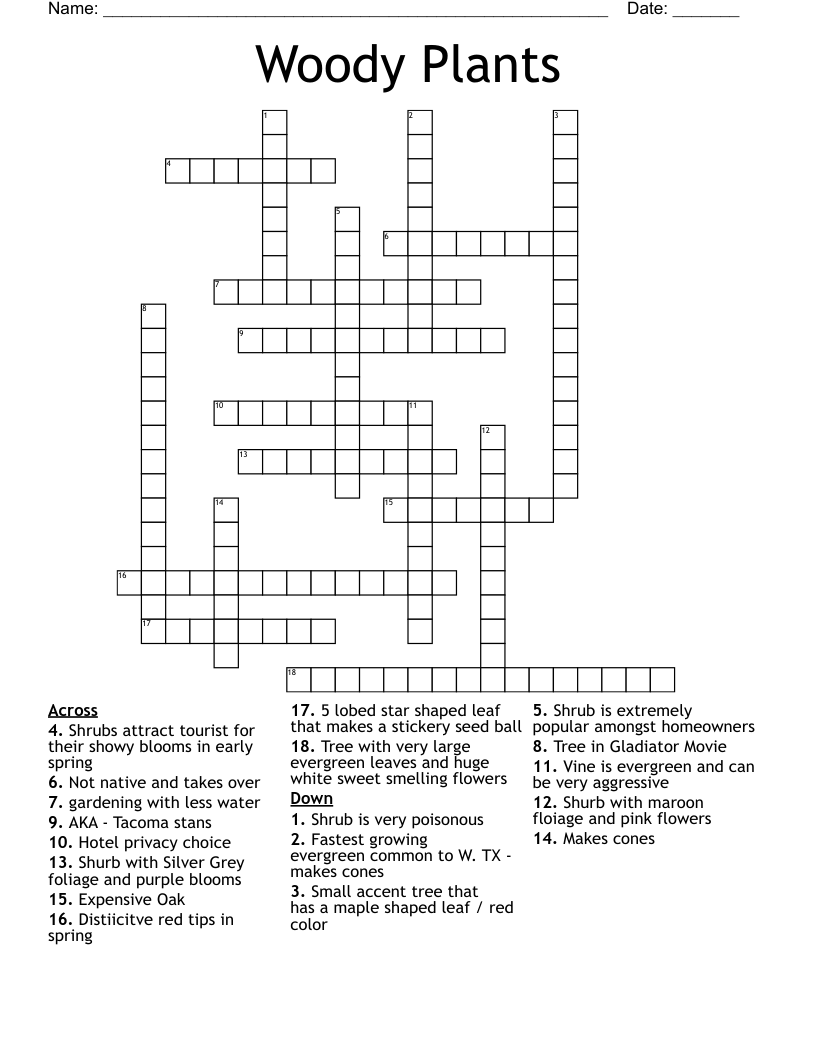 Woody Plants Crossword WordMint Woody Plants Crossword WordMint