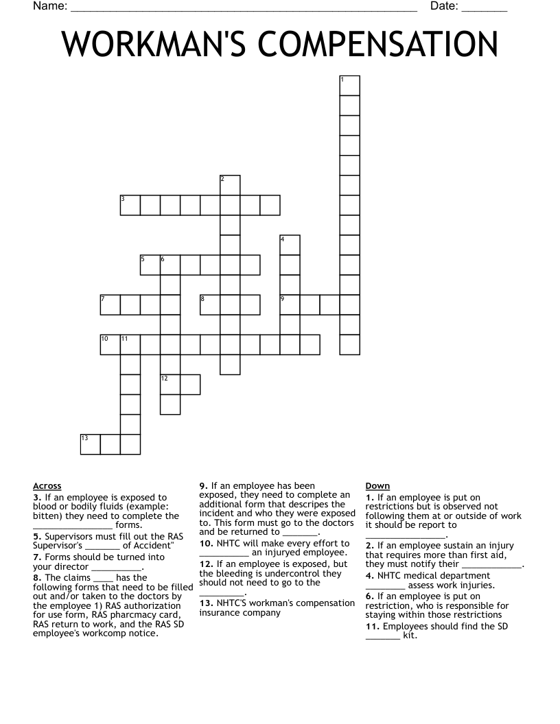 WORKMAN S COMPENSATION Crossword WordMint WORKMAN S COMPENSATION Crossword WordMint