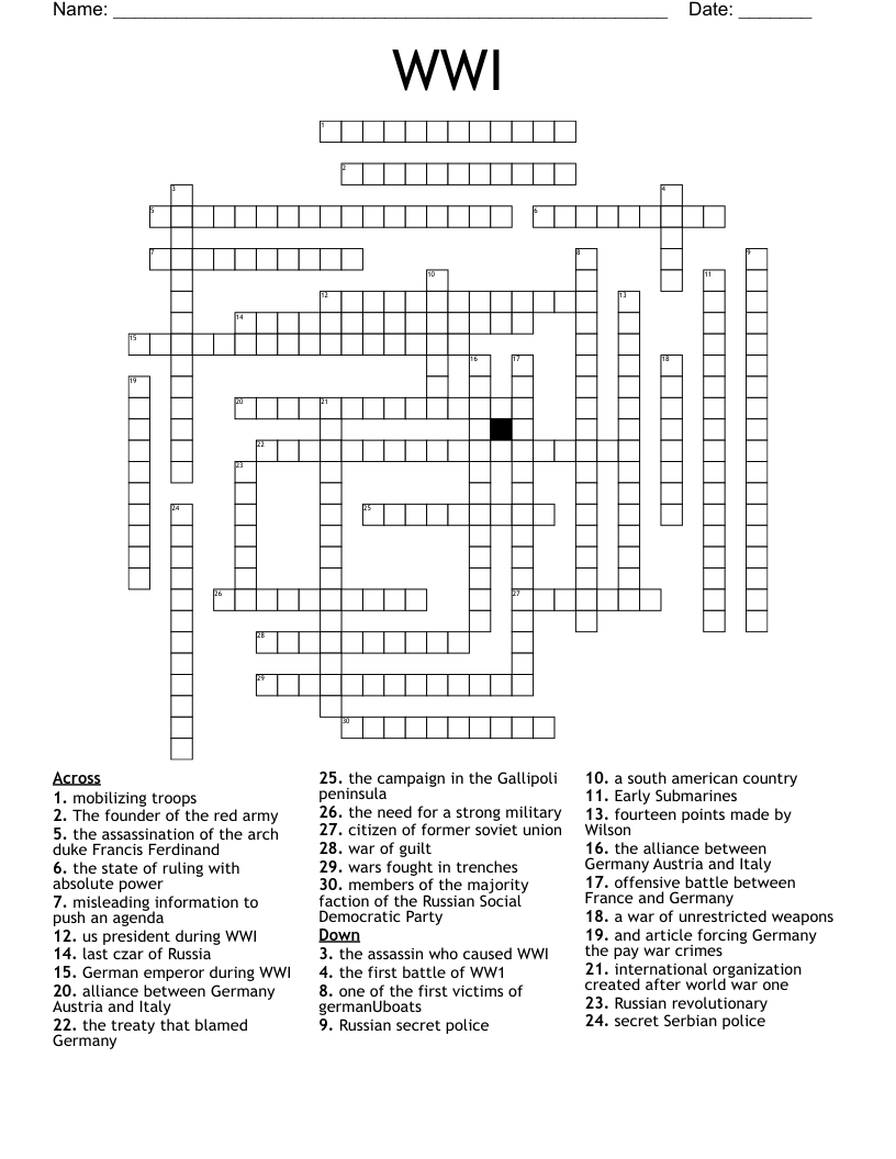 WWI Crossword WordMint WWI Crossword WordMint